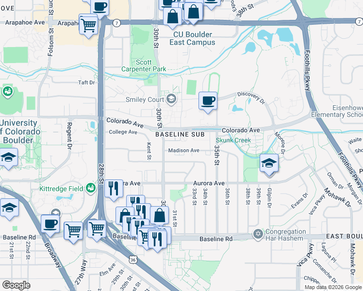 map of restaurants, bars, coffee shops, grocery stores, and more near 3161 Madison Avenue in Boulder