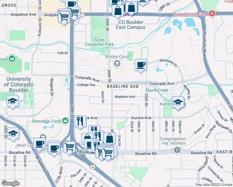map of restaurants, bars, coffee shops, grocery stores, and more near 3161 Madison Avenue in Boulder