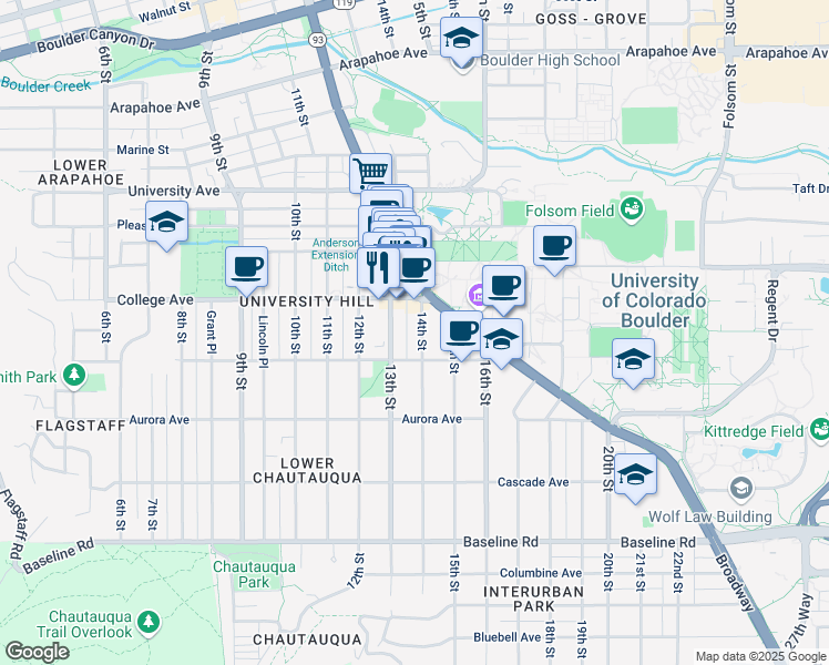 map of restaurants, bars, coffee shops, grocery stores, and more near in Boulder