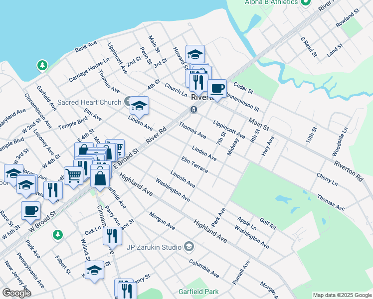 map of restaurants, bars, coffee shops, grocery stores, and more near 620 Linden Avenue in Riverton