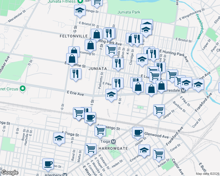 map of restaurants, bars, coffee shops, grocery stores, and more near 3850 Lawndale Street in Philadelphia