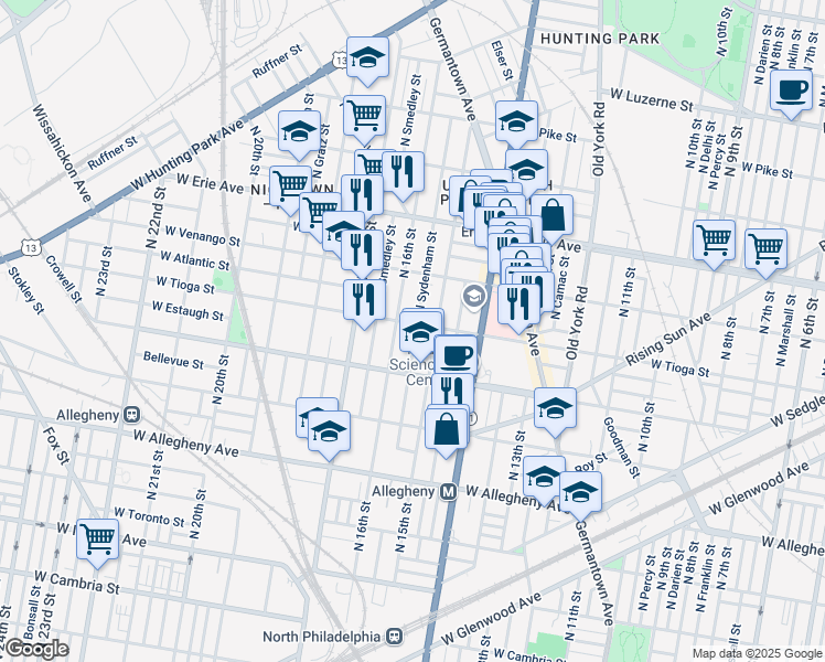 map of restaurants, bars, coffee shops, grocery stores, and more near 1526 West Tioga Street in Philadelphia
