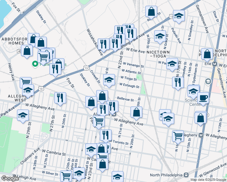 map of restaurants, bars, coffee shops, grocery stores, and more near 2141 West Ontario Street in Philadelphia