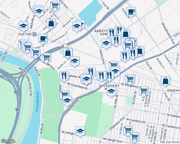 map of restaurants, bars, coffee shops, grocery stores, and more near 3200 North 32nd Street in Philadelphia