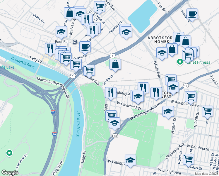 map of restaurants, bars, coffee shops, grocery stores, and more near 3533 West Allegheny Avenue in Philadelphia
