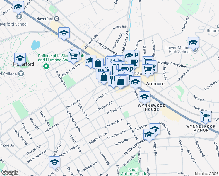 map of restaurants, bars, coffee shops, grocery stores, and more near 7 East Athens Avenue in Ardmore
