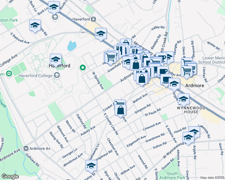 map of restaurants, bars, coffee shops, grocery stores, and more near 121 Ardmore Avenue in Ardmore