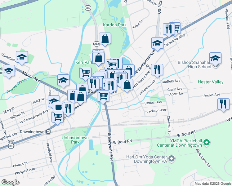map of restaurants, bars, coffee shops, grocery stores, and more near 6 Wood Alley in Downingtown