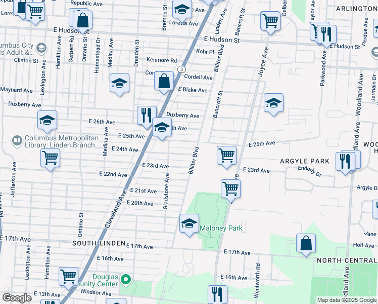 map of restaurants, bars, coffee shops, grocery stores, and more near 1520 East 24th Avenue in Columbus