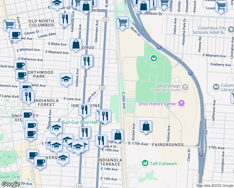 map of restaurants, bars, coffee shops, grocery stores, and more near 474 East Norwich Avenue in Columbus