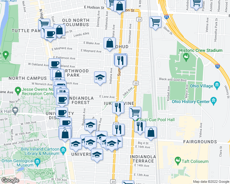 map of restaurants, bars, coffee shops, grocery stores, and more near 2111 Summit Street in Columbus