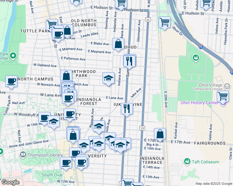 map of restaurants, bars, coffee shops, grocery stores, and more near 2132 Indianola Avenue in Columbus
