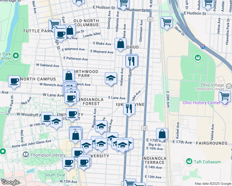 map of restaurants, bars, coffee shops, grocery stores, and more near 2132 Indianola Avenue in Columbus