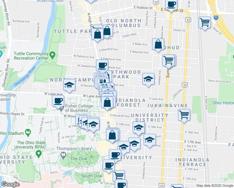 map of restaurants, bars, coffee shops, grocery stores, and more near 2154 Tuller Street in Columbus