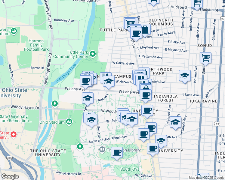 map of restaurants, bars, coffee shops, grocery stores, and more near 132 West Lane Avenue in Columbus