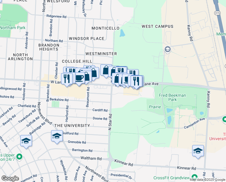 map of restaurants, bars, coffee shops, grocery stores, and more near 1397 West Lane Avenue in Columbus