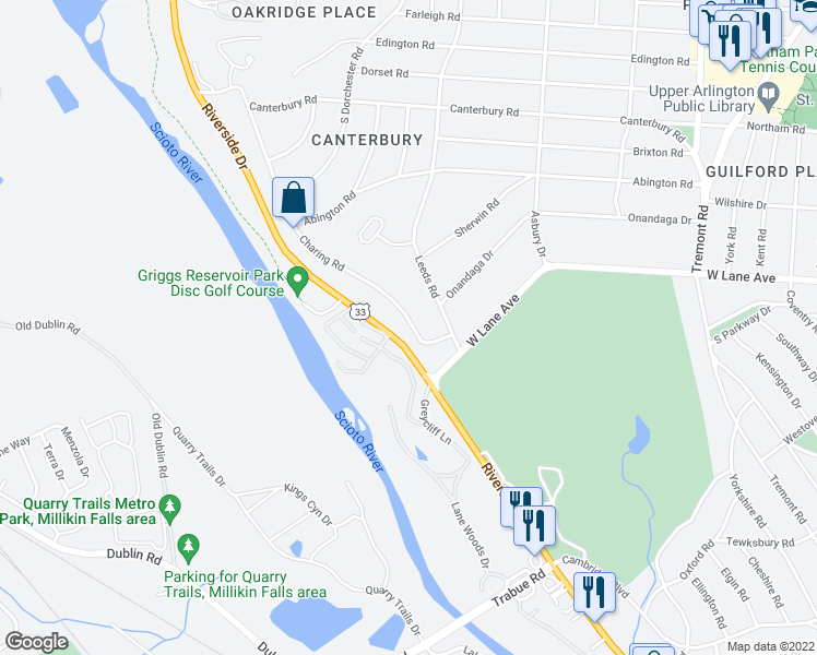 map of restaurants, bars, coffee shops, grocery stores, and more near 2560 Riverside Drive in Columbus