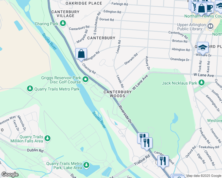 map of restaurants, bars, coffee shops, grocery stores, and more near 2560 Riverside Drive in Columbus