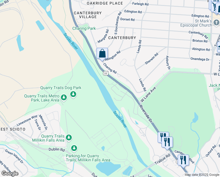 map of restaurants, bars, coffee shops, grocery stores, and more near 2611 Scioto View Lane in Columbus