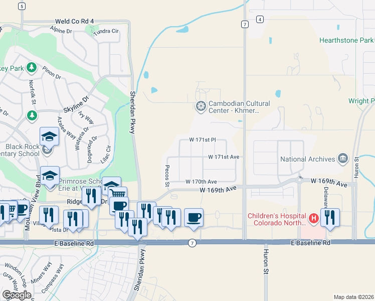 map of restaurants, bars, coffee shops, grocery stores, and more near 17137 Navajo Street in Broomfield