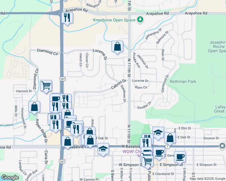 map of restaurants, bars, coffee shops, grocery stores, and more near 643 Amelia Lane in Lafayette