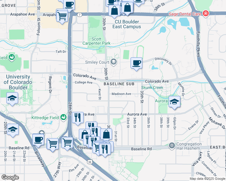 map of restaurants, bars, coffee shops, grocery stores, and more near 3009 Madison Avenue in Boulder