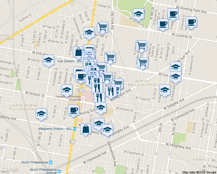 map of restaurants, bars, coffee shops, grocery stores, and more near 3527 Old York Road in Philadelphia