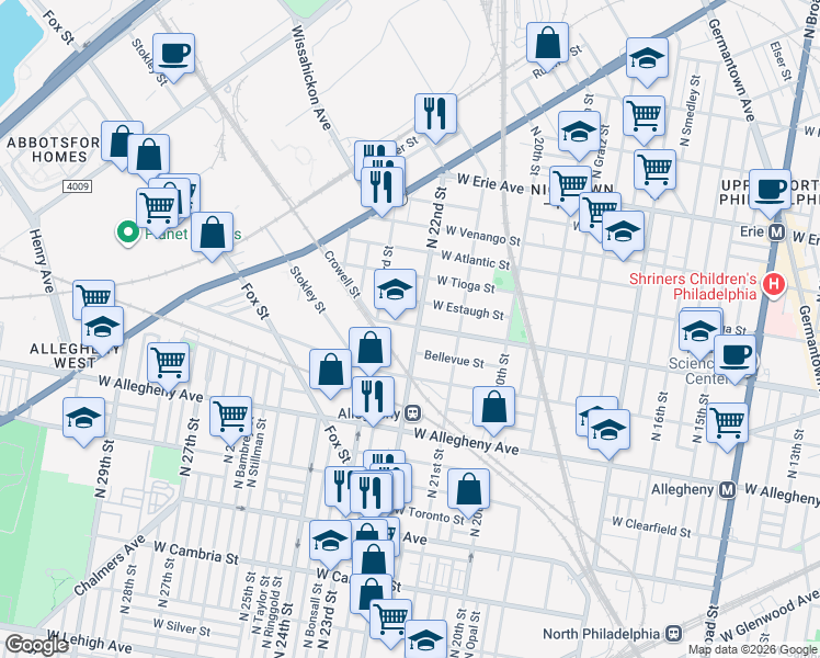 map of restaurants, bars, coffee shops, grocery stores, and more near 2141 West Ontario Street in Philadelphia