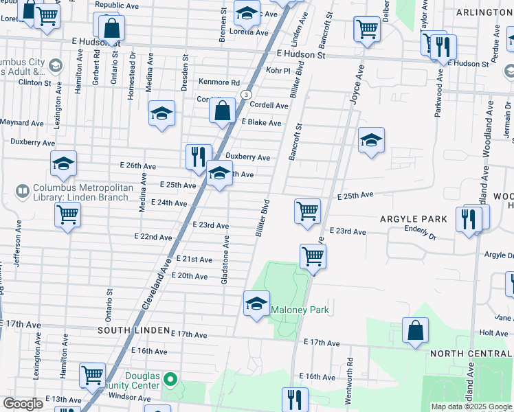map of restaurants, bars, coffee shops, grocery stores, and more near 1520 East 24th Avenue in Columbus