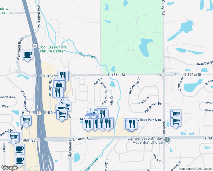 map of restaurants, bars, coffee shops, grocery stores, and more near 2541 Copper Tree Way in Carmel