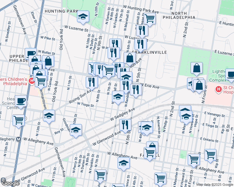 map of restaurants, bars, coffee shops, grocery stores, and more near 613 West Venango Street in Philadelphia