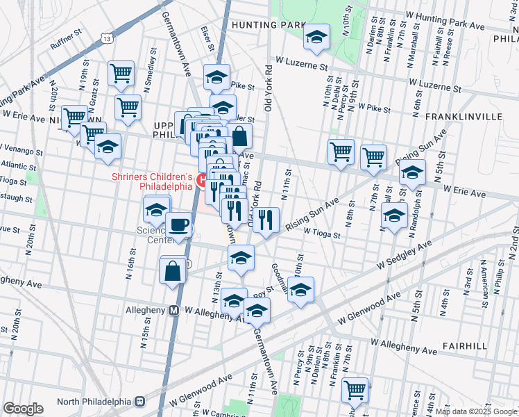 map of restaurants, bars, coffee shops, grocery stores, and more near 3527 Old York Road in Philadelphia