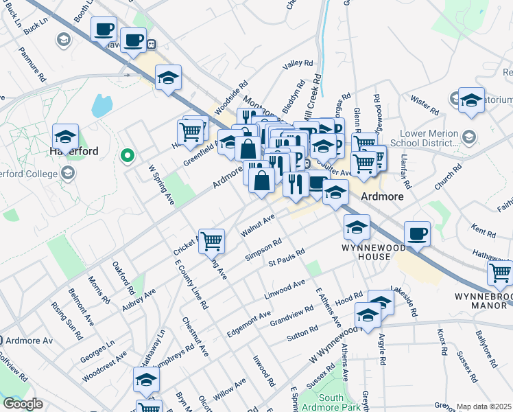 map of restaurants, bars, coffee shops, grocery stores, and more near 107 Cricket Avenue in Ardmore