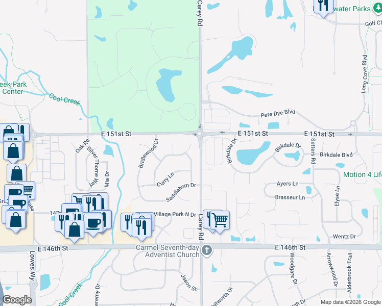 map of restaurants, bars, coffee shops, grocery stores, and more near 15039 Horseshoe Drive in Carmel