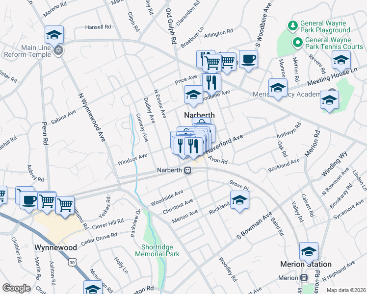 map of restaurants, bars, coffee shops, grocery stores, and more near 114 Forrest Avenue in Narberth