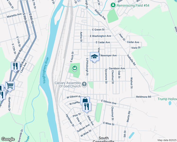 map of restaurants, bars, coffee shops, grocery stores, and more near 1205 South Pittsburgh Street in Connellsville