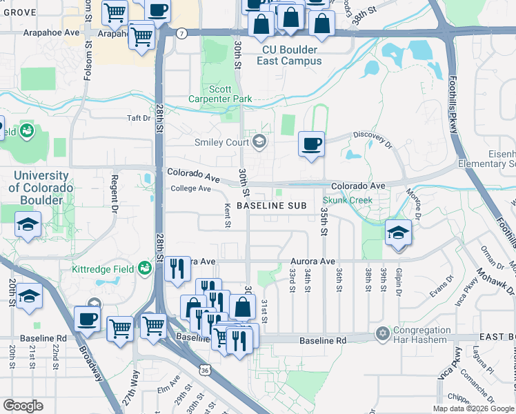 map of restaurants, bars, coffee shops, grocery stores, and more near 3161 Madison Avenue in Boulder