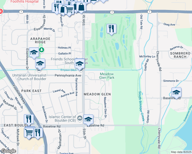 map of restaurants, bars, coffee shops, grocery stores, and more near 1062 Fairway Court in Boulder