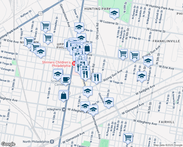 map of restaurants, bars, coffee shops, grocery stores, and more near 3528 Old York Rd in Philadelphia
