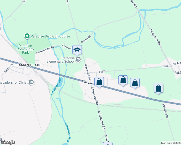 map of restaurants, bars, coffee shops, grocery stores, and more near 13 South Belmont Road in Gordonville