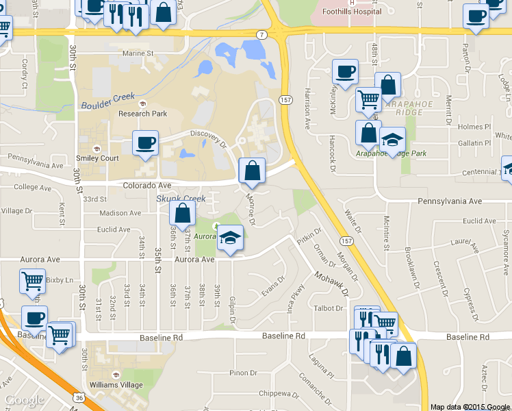 map of restaurants, bars, coffee shops, grocery stores, and more near 1110 Monroe Drive in Boulder