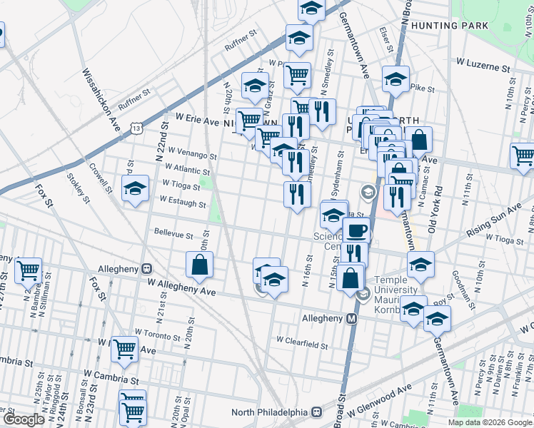 map of restaurants, bars, coffee shops, grocery stores, and more near 1712 West Tioga Street in Philadelphia