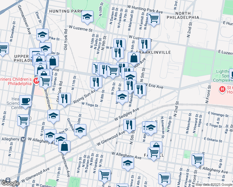 map of restaurants, bars, coffee shops, grocery stores, and more near 631 West Venango Street in Philadelphia