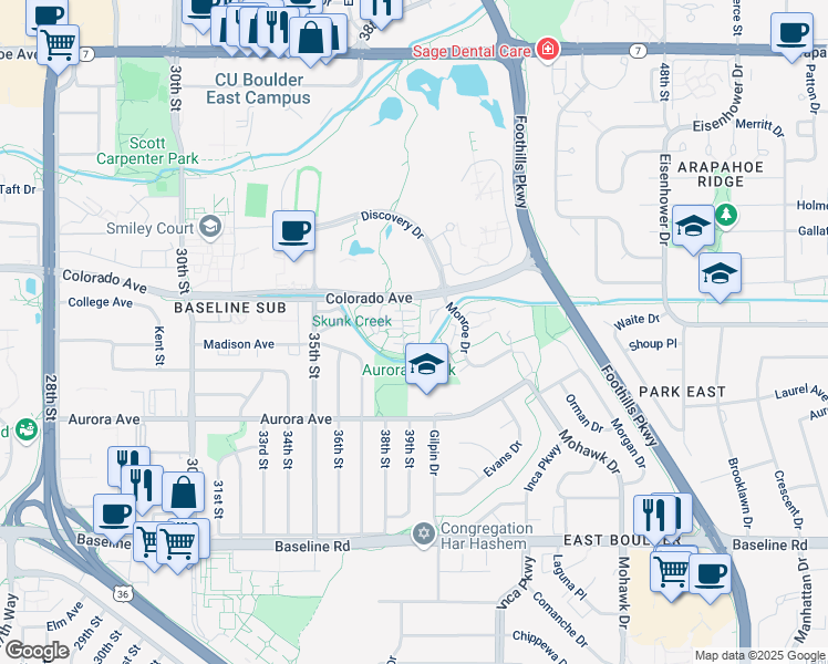 map of restaurants, bars, coffee shops, grocery stores, and more near 3950 Colorado Avenue in Boulder