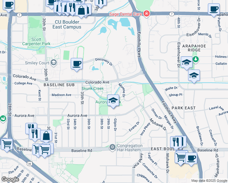 map of restaurants, bars, coffee shops, grocery stores, and more near 1129 Monroe Drive in Boulder