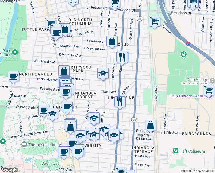 map of restaurants, bars, coffee shops, grocery stores, and more near 2132 Indianola Avenue in Columbus