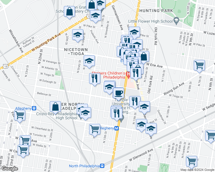 map of restaurants, bars, coffee shops, grocery stores, and more near 1520 West Tioga Street in Philadelphia