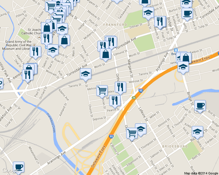 map of restaurants, bars, coffee shops, grocery stores, and more near 4547 Melrose Street in Philadelphia