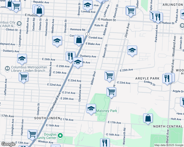 map of restaurants, bars, coffee shops, grocery stores, and more near 1520 East 24th Avenue in Columbus