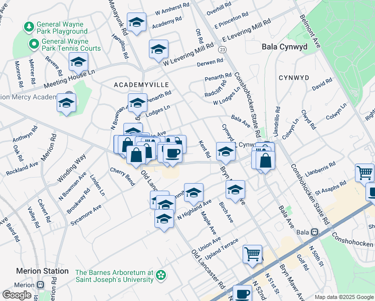 map of restaurants, bars, coffee shops, grocery stores, and more near 108 Llanfair Road in Bala Cynwyd